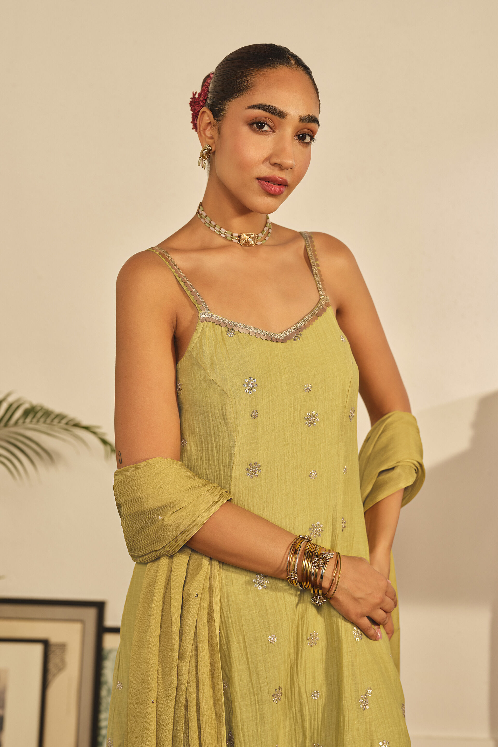 A-line Embroidered Kurta Set in Lime, Lime Green, image 3